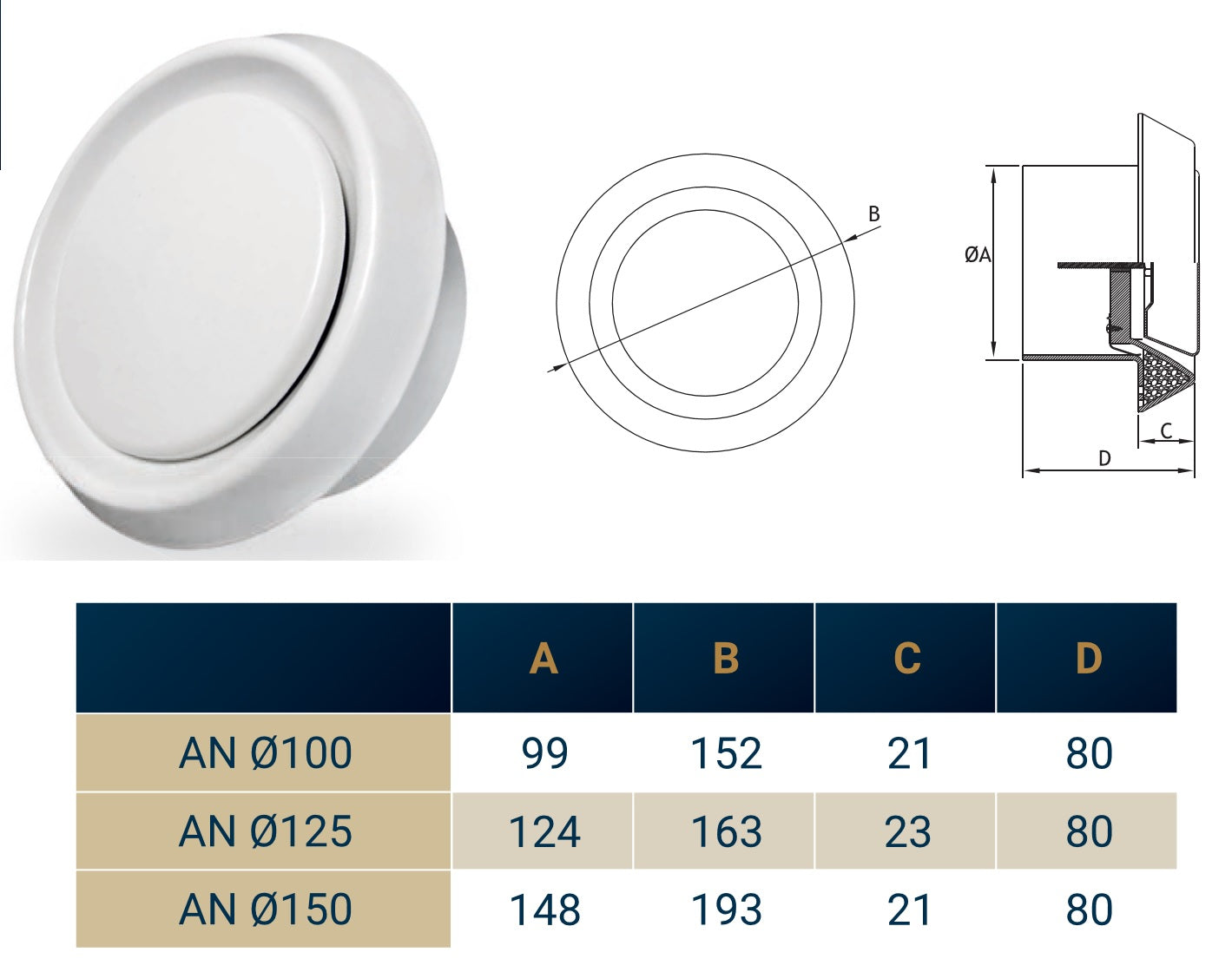 White Anemostat Intake Ceiling Valve, 100mm