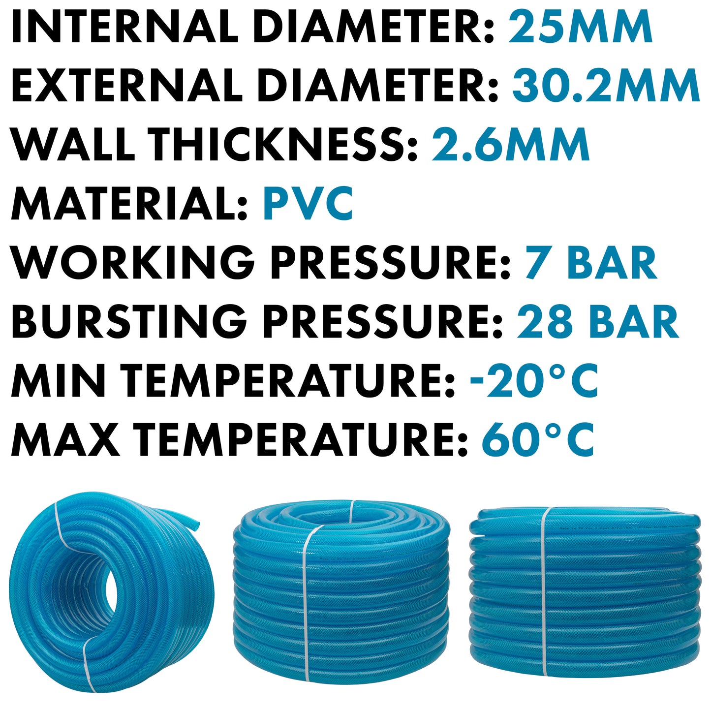 25mm Braided PVC Fuel Tech Hose, Transparent Blue