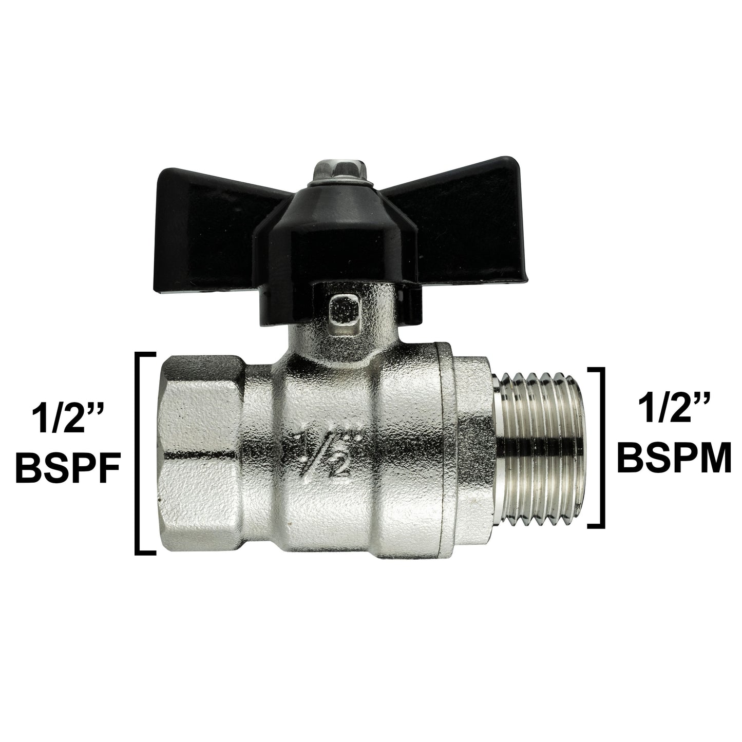 Male to Female Nickel Plated Brass Butterfly Valve, 1/2"