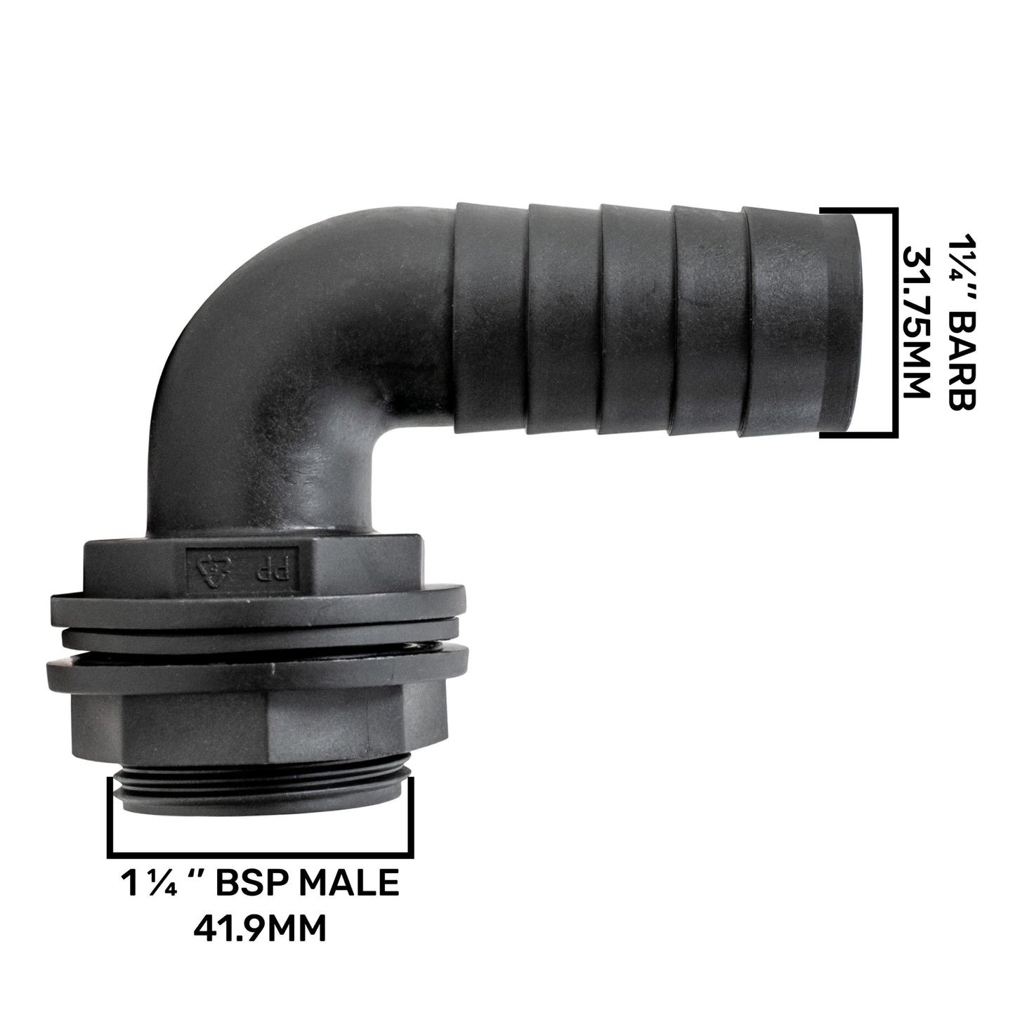 Water Butt 90° Overflow Elbow with Nut & Washer, 1.25"