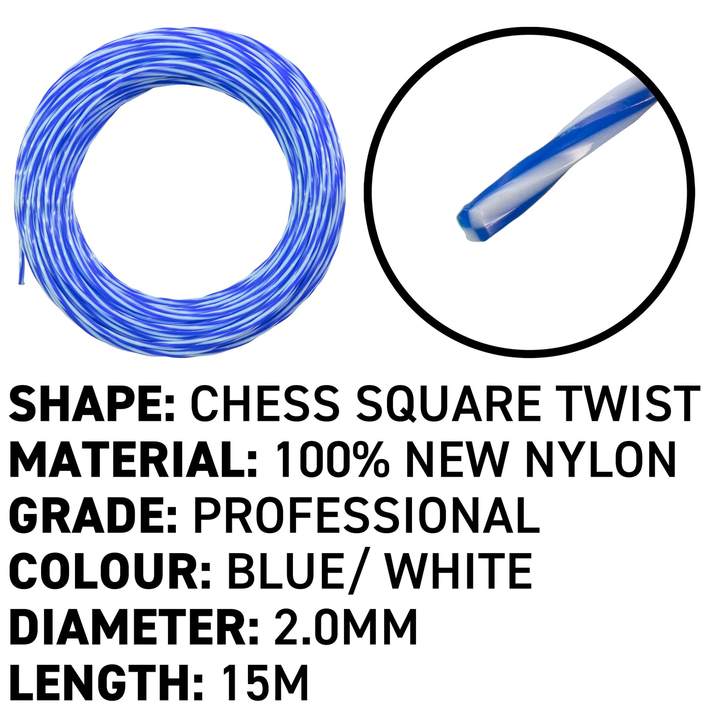 15m Dual Core Twisted Blue Chess Trimmer Line, 2mm