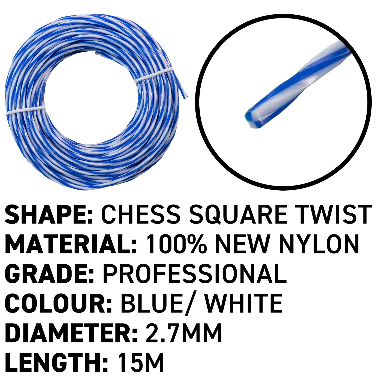 15m Dual Core Twisted Blue Chess Trimmer Line, 2.7mm