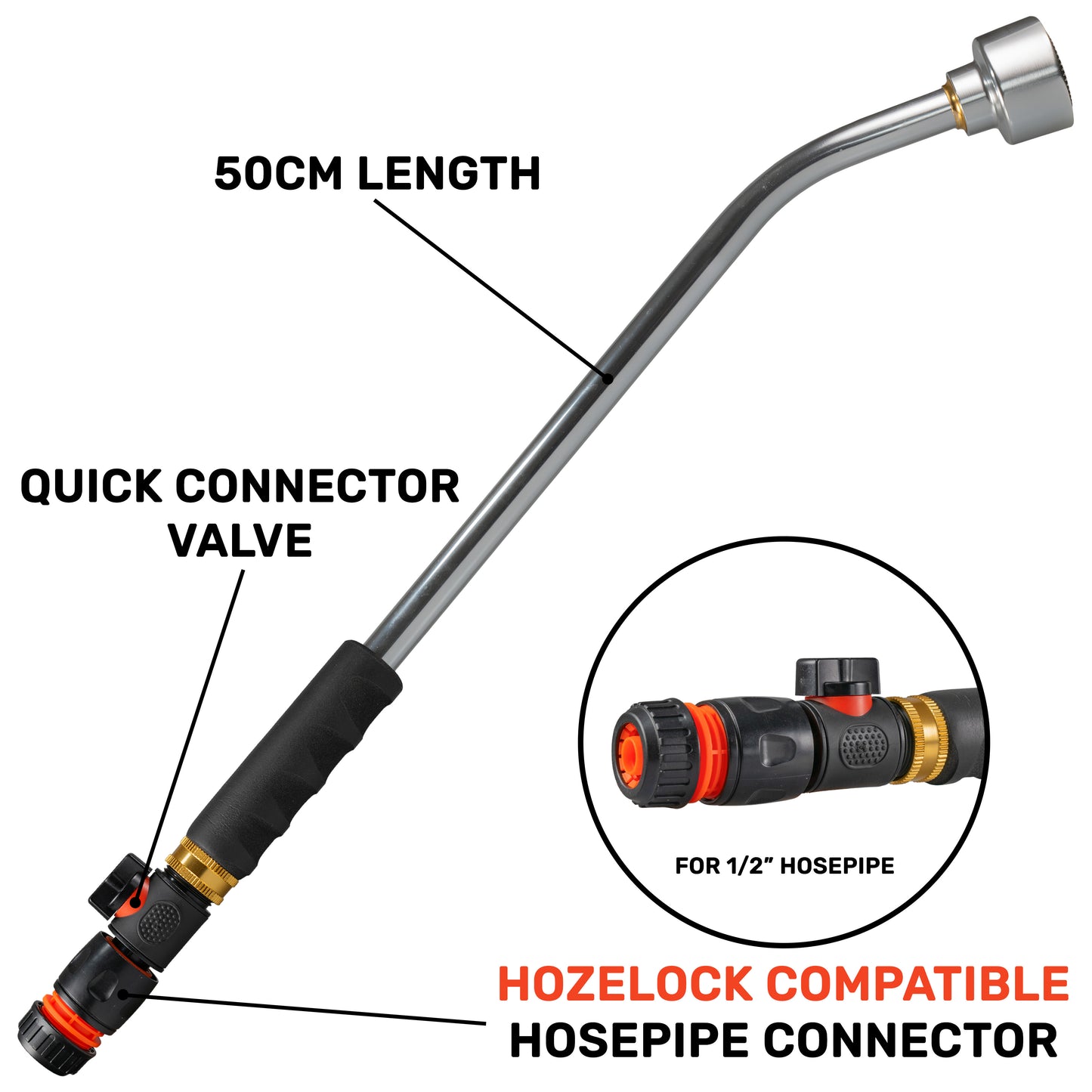 50cm Watering Lance with Rose, Plastic Valve & Hose Connector