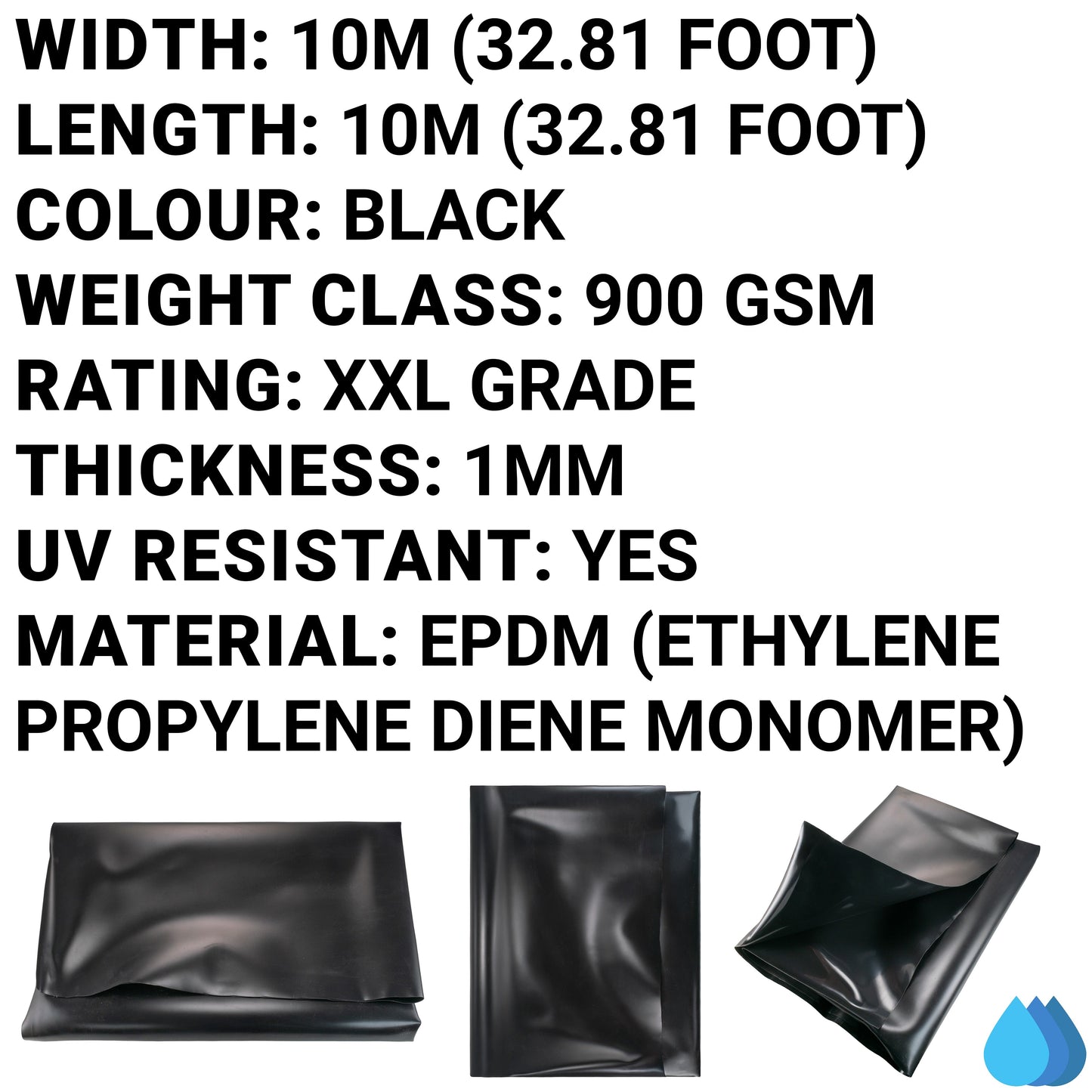 10m x 10m EPDM Rubber Pond Liner, 900 GSM