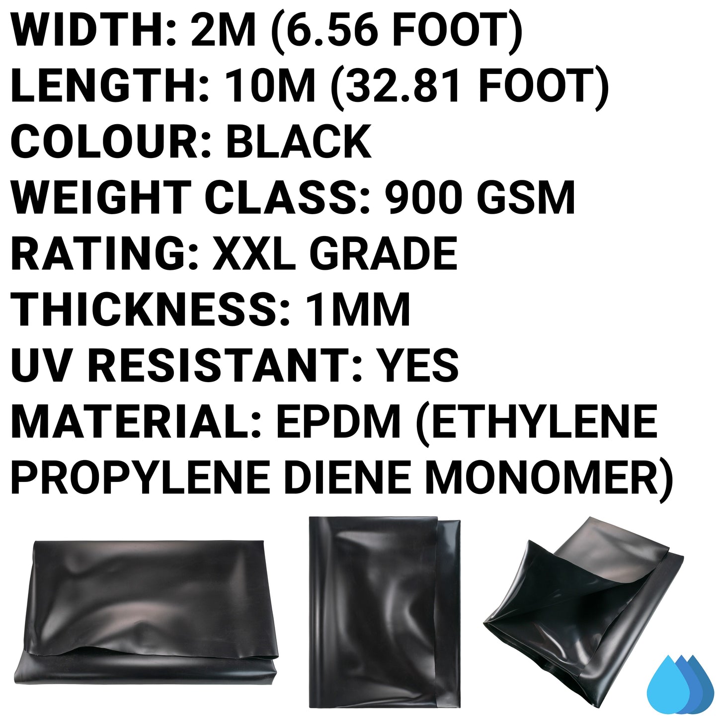 2m x 10m EPDM Rubber Pond Liner, 900 GSM