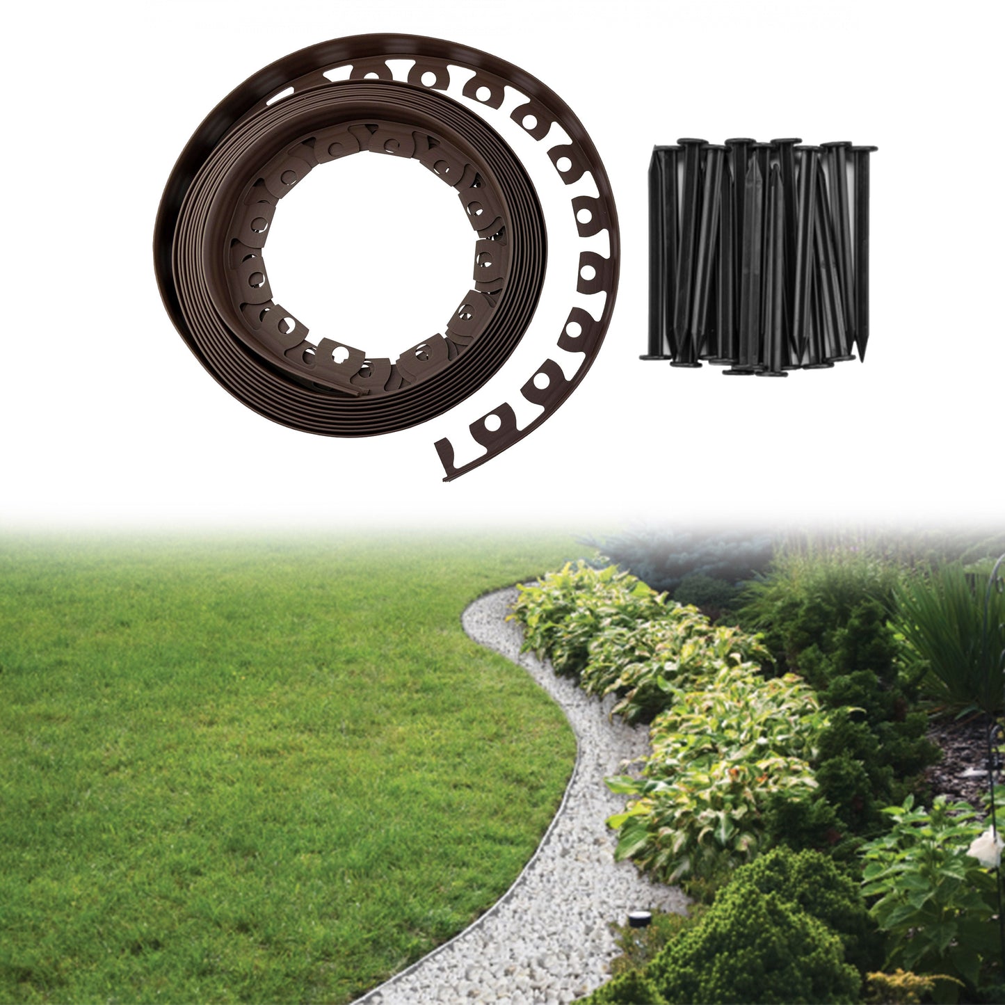 Brown Curved Lawn Edging Set with Pegs, 60mm Height