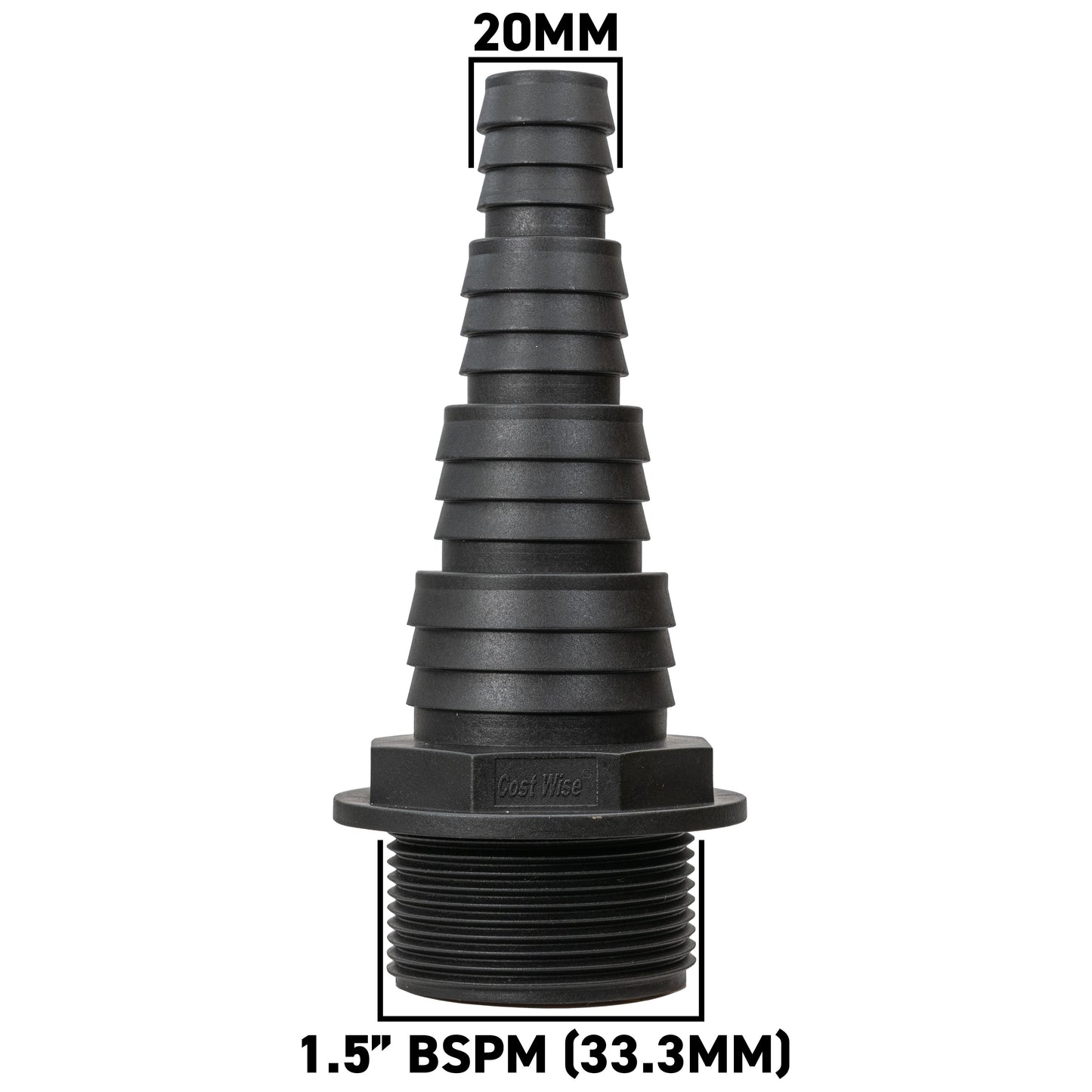 Stepped Barbed Connector for 20mm/ 25mm/ 32mm/ 40mm Hose, 1.5" BSPM