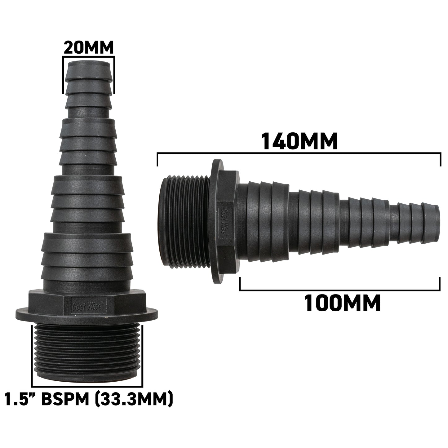 Stepped Barbed Connector for 20mm/ 25mm/ 32mm/ 40mm Hose, 1.5" BSPM