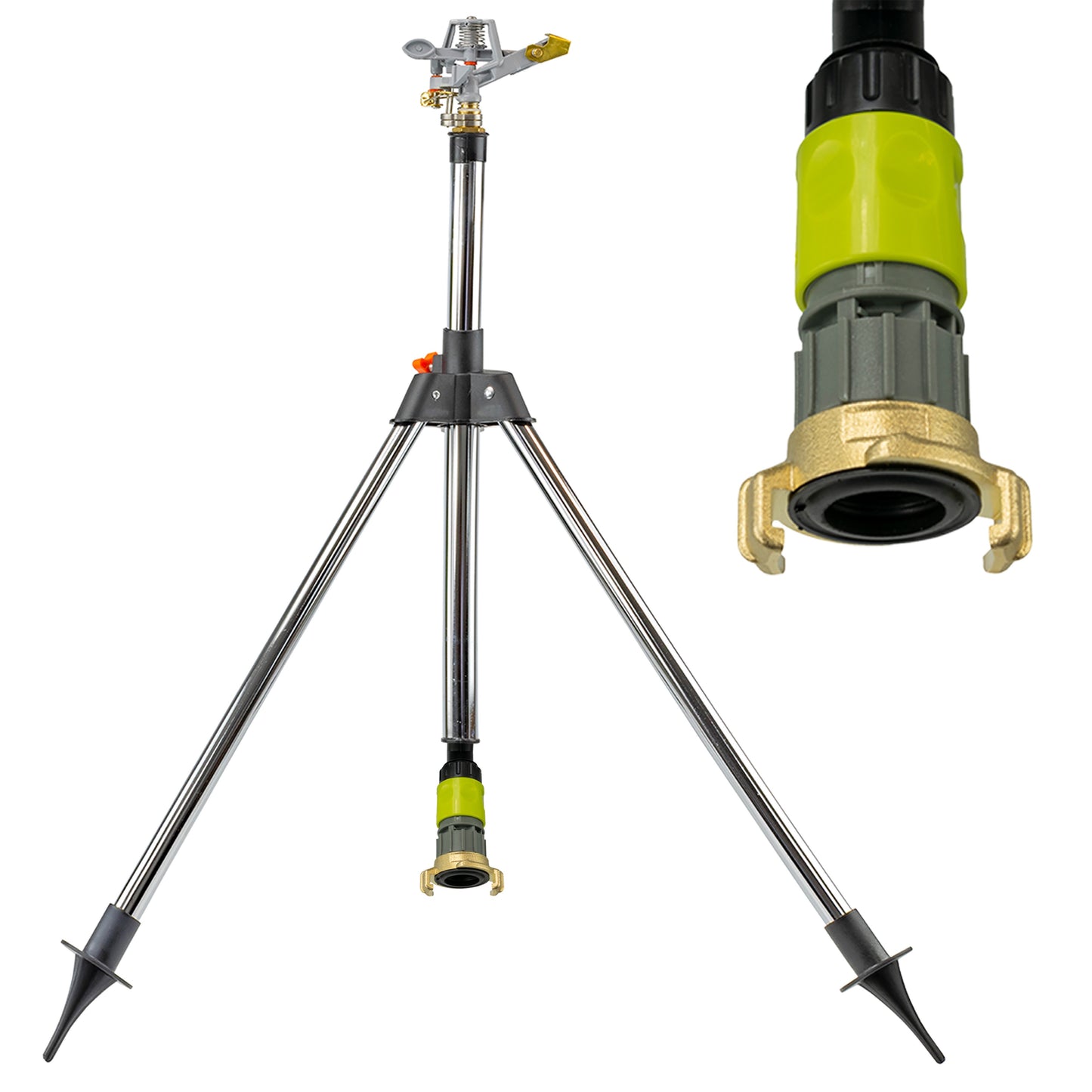 Metal Tripod with Rotating Sprinkler Head & Brass GEKA Connector, 450 m²