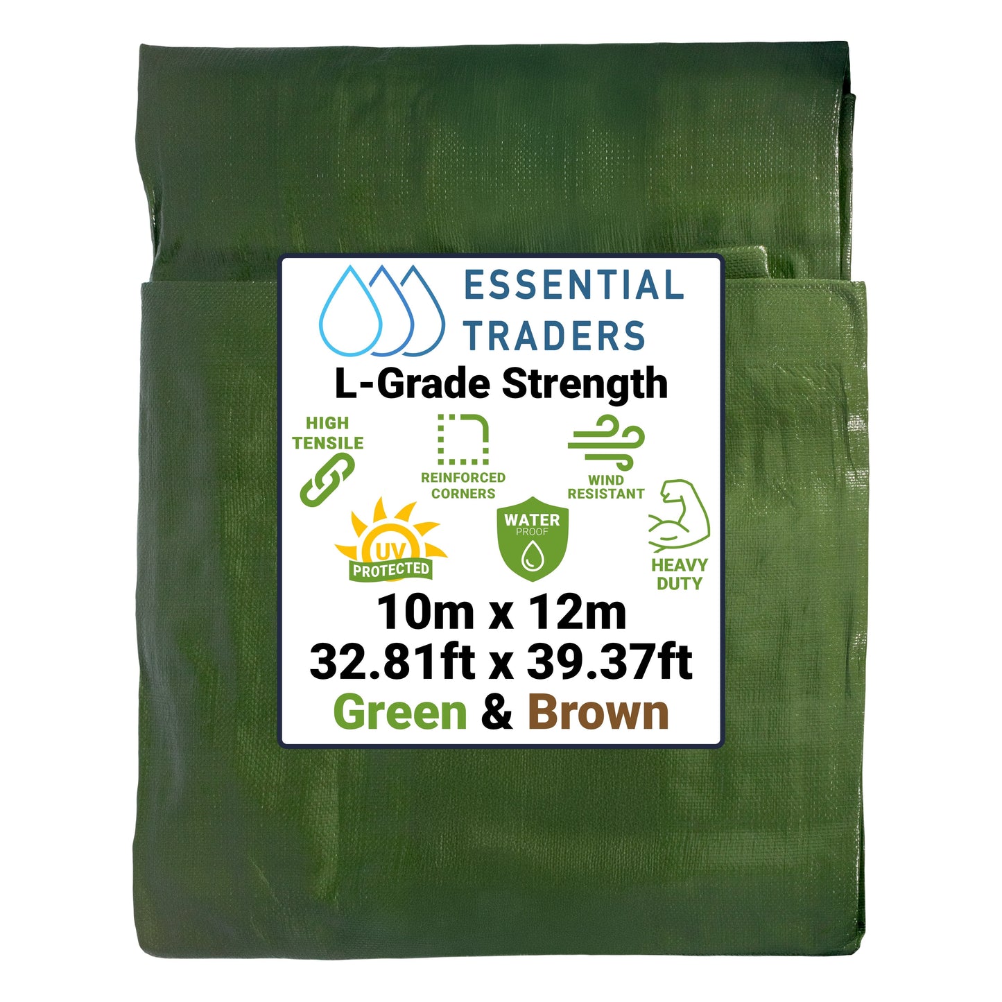 10m x 12m Green & Brown Tarpaulins, L-Grade 220 GSM