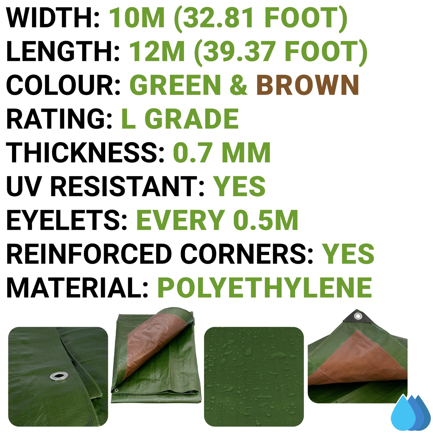 10m x 12m Green & Brown Tarpaulins, L-Grade 220 GSM