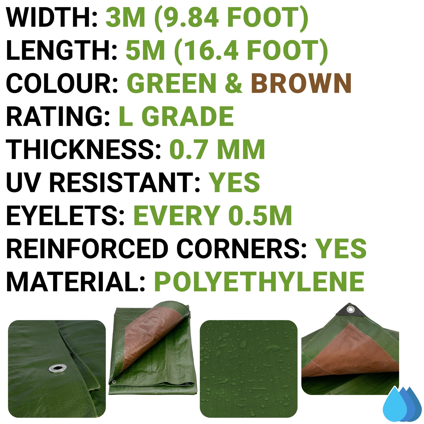 3m x 5m Green & Brown Tarpaulins, L-Grade 220 GSM