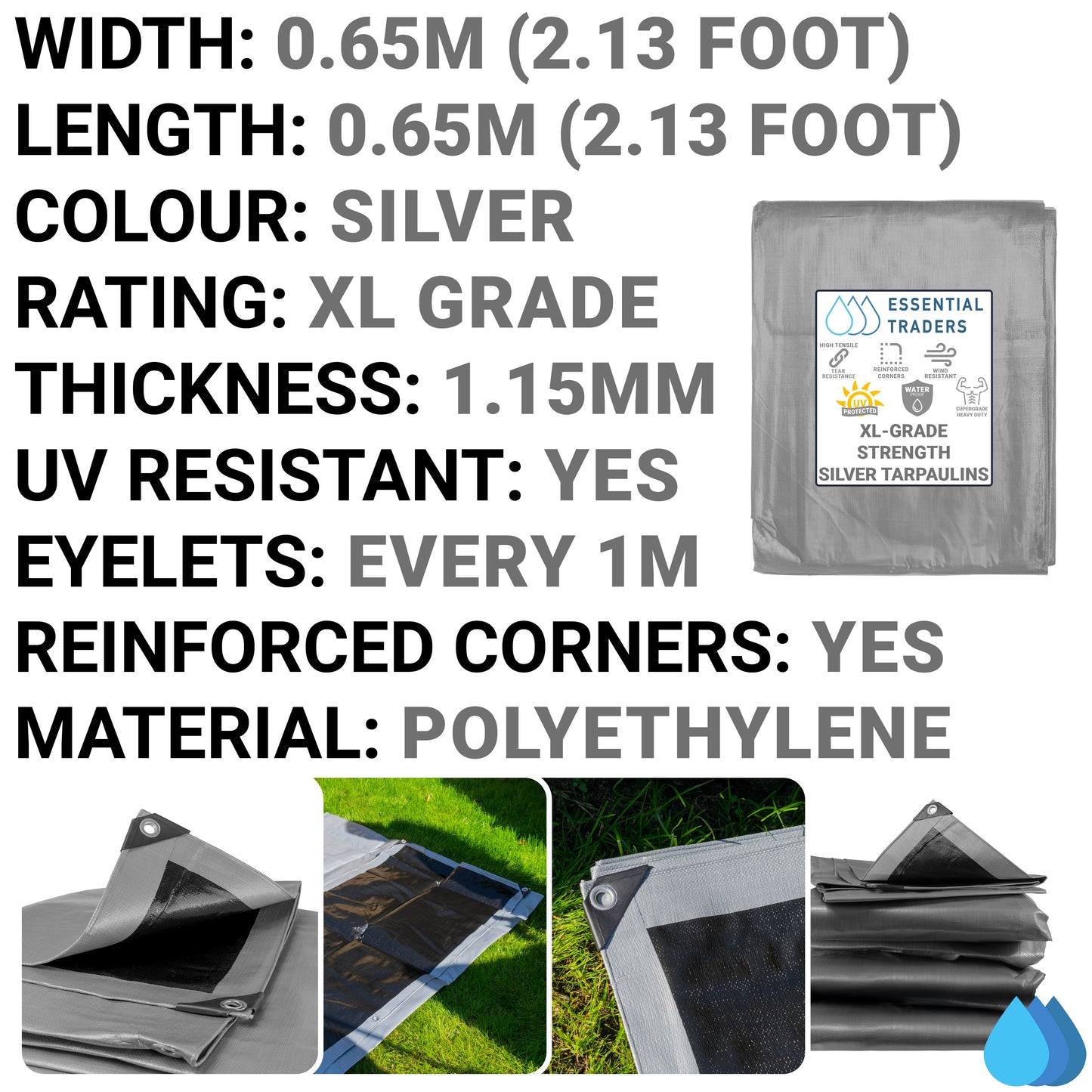 0.65m x 0.65m Silver & Black 300gsm Supergrade Tarpaulin