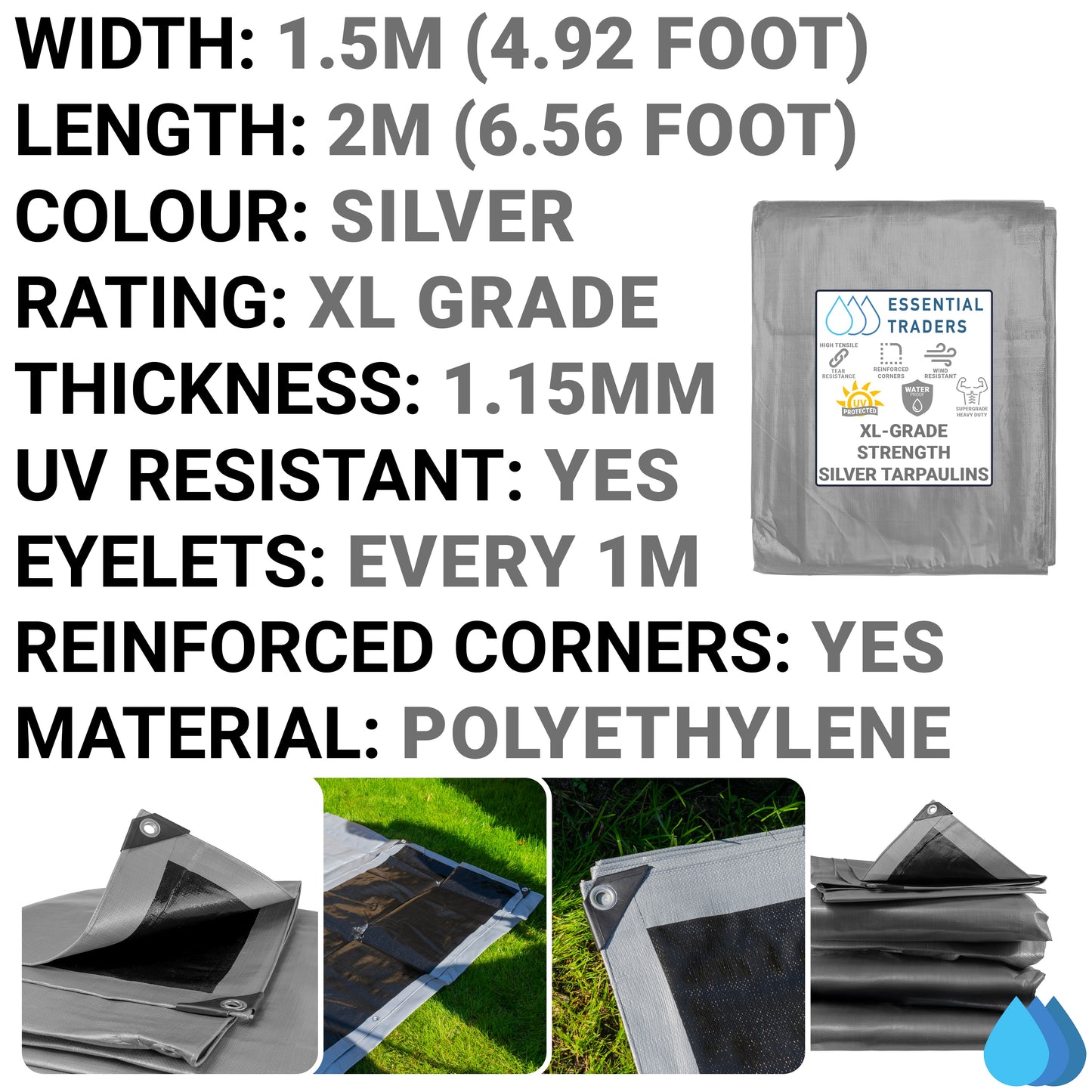 1.5m x 2m Silver & Black 300gsm Supergrade Tarpaulin