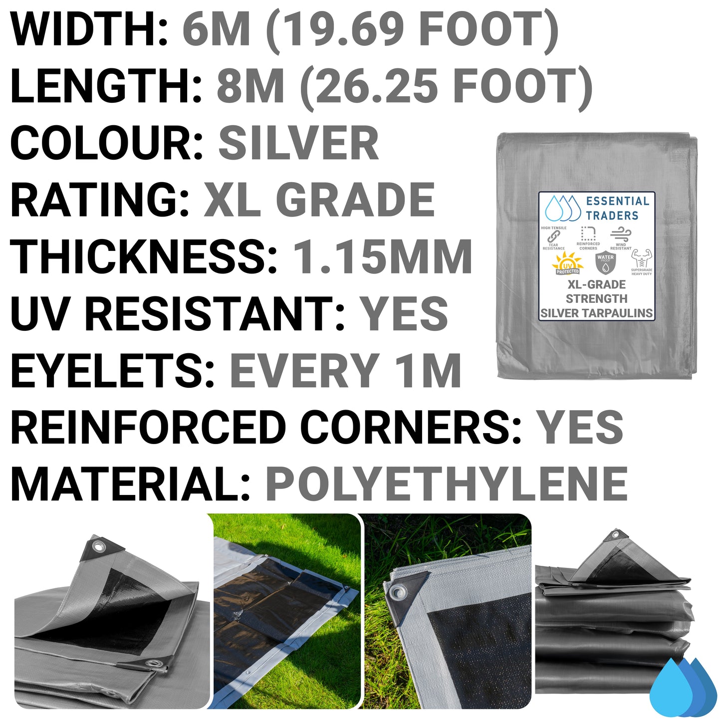 6m x 8m Silver & Black 300gsm Supergrade Tarpaulin