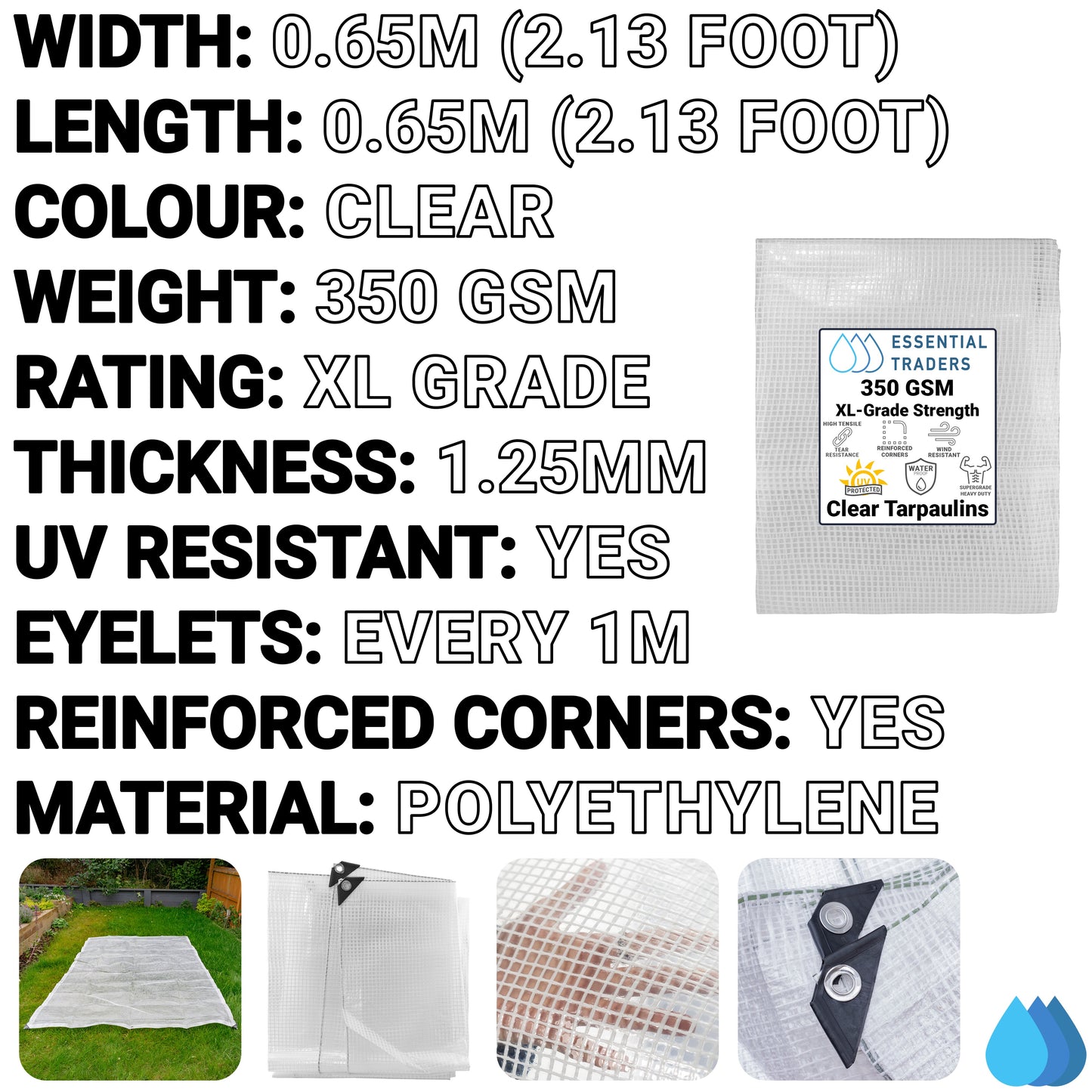0.65m x 0.65m Clear Monotex 350gsm Supergrade Tarpaulin