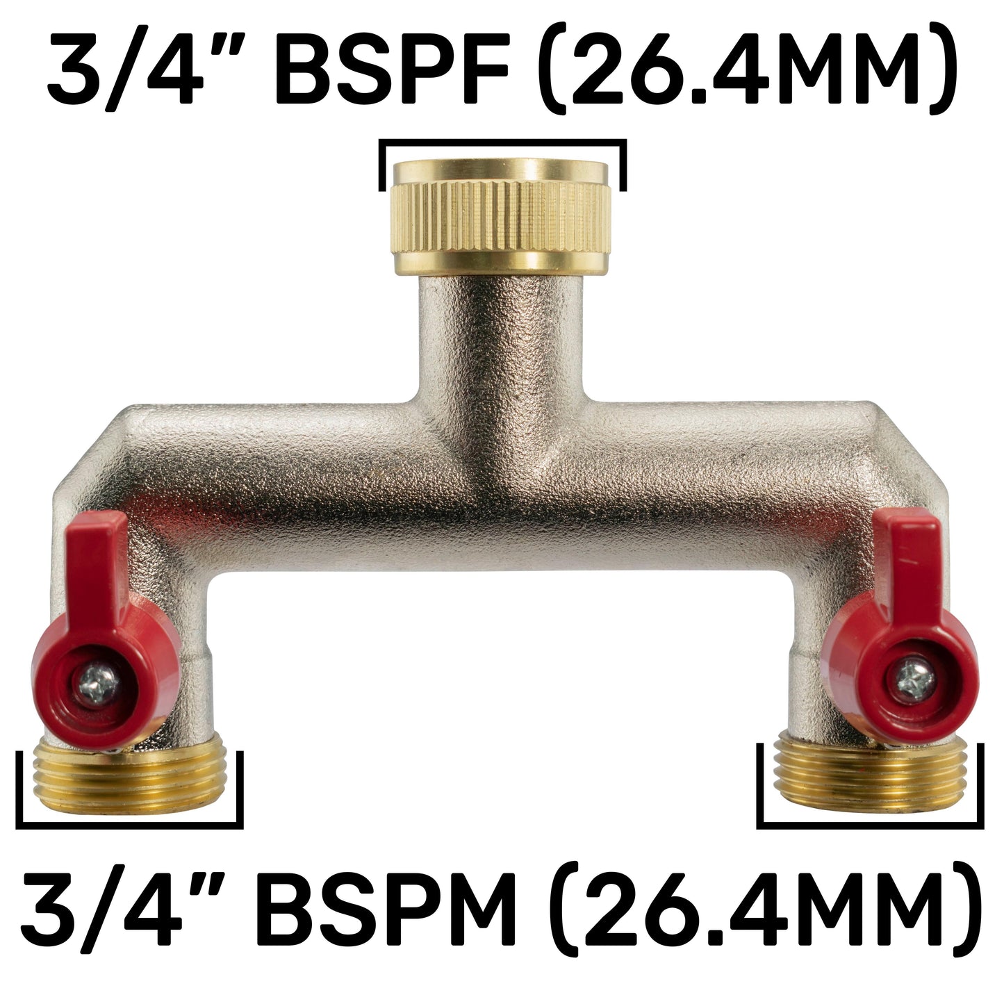 2-Way Tap Splitter with Valves - 3/4" BSPM, Brass