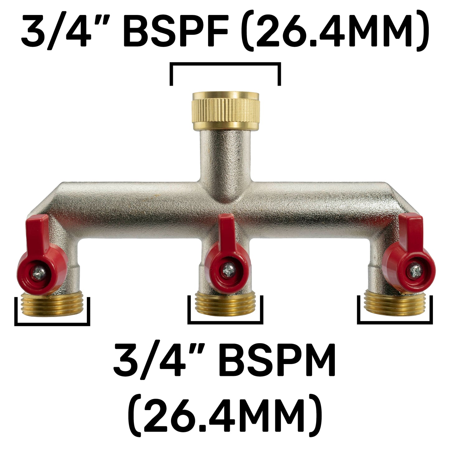 3-Way Tap Splitter with Valves - 3/4" BSPM, Brass