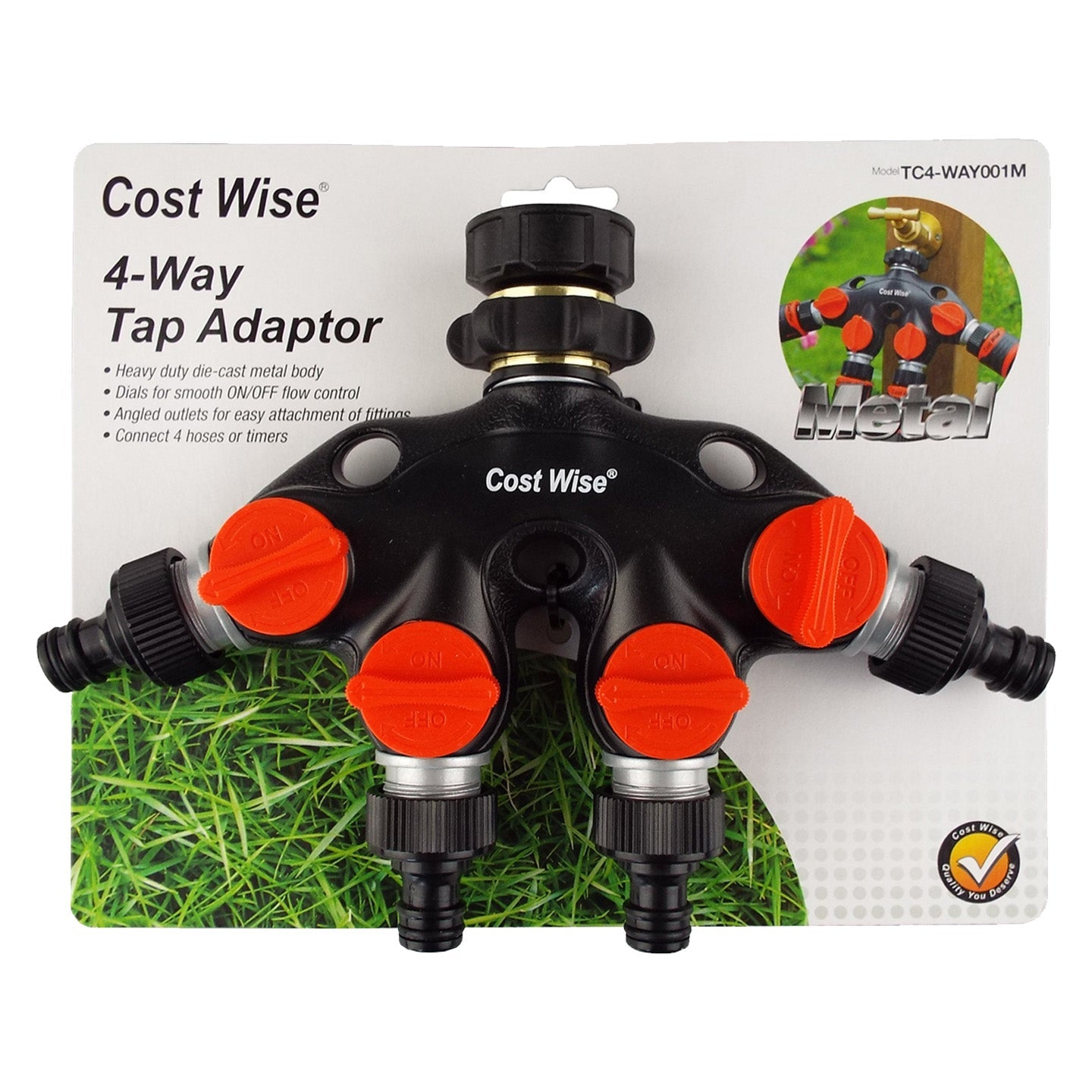 Metal 4-Way Tap Splitter Manifold – 1” & 3/4” BSP with Valves, Black