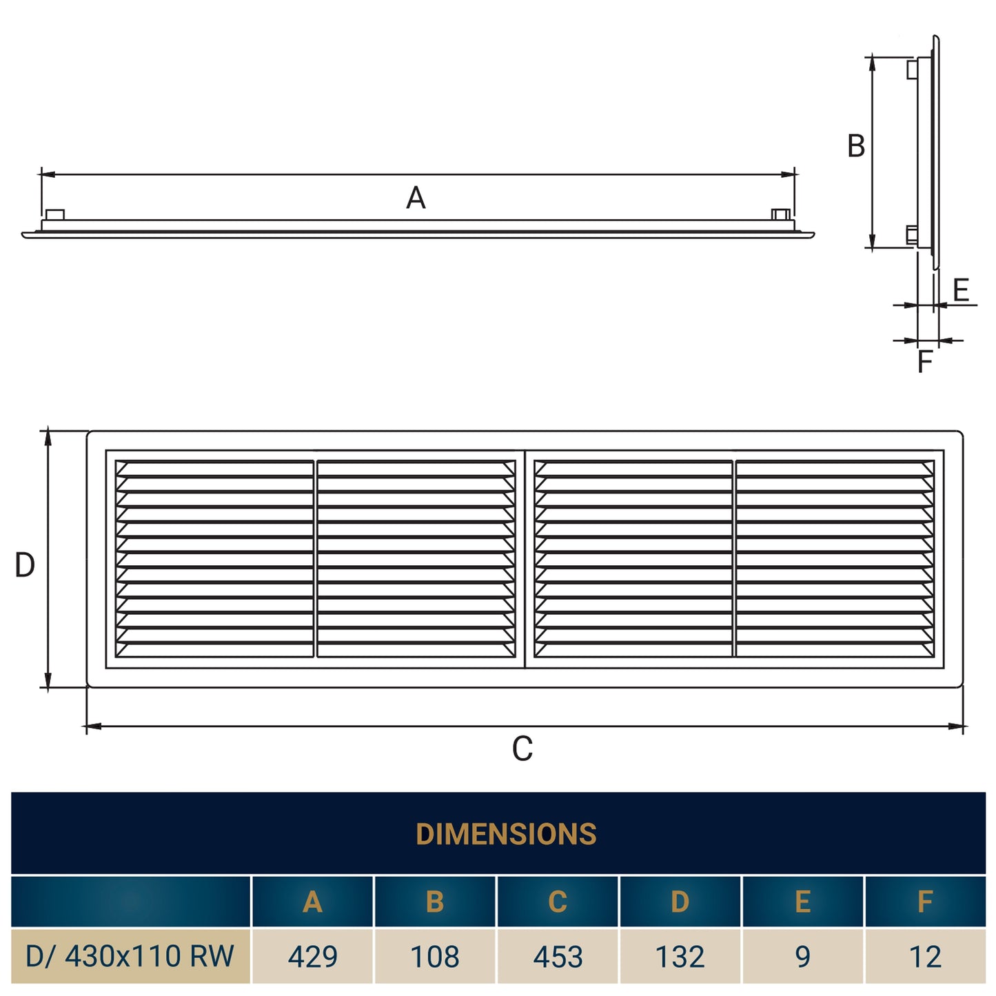 White Louvre Vent with Fly Screen, 110mm x 430mm