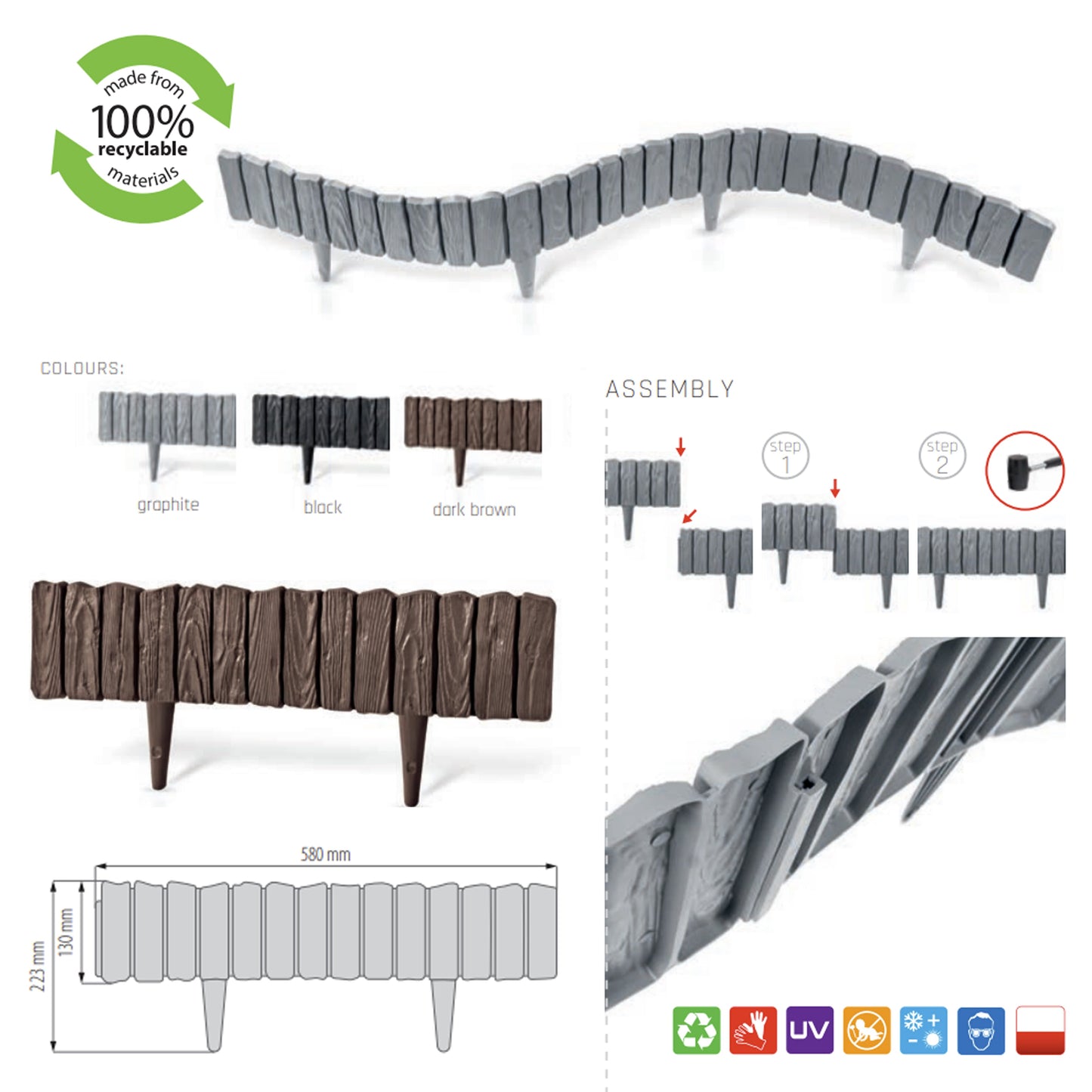 Black Wood Texture Palisade Lawn Edging, 2.32m
