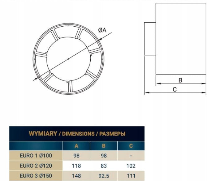 Euro Axial Bathroom Extraction Fan, 100mm
