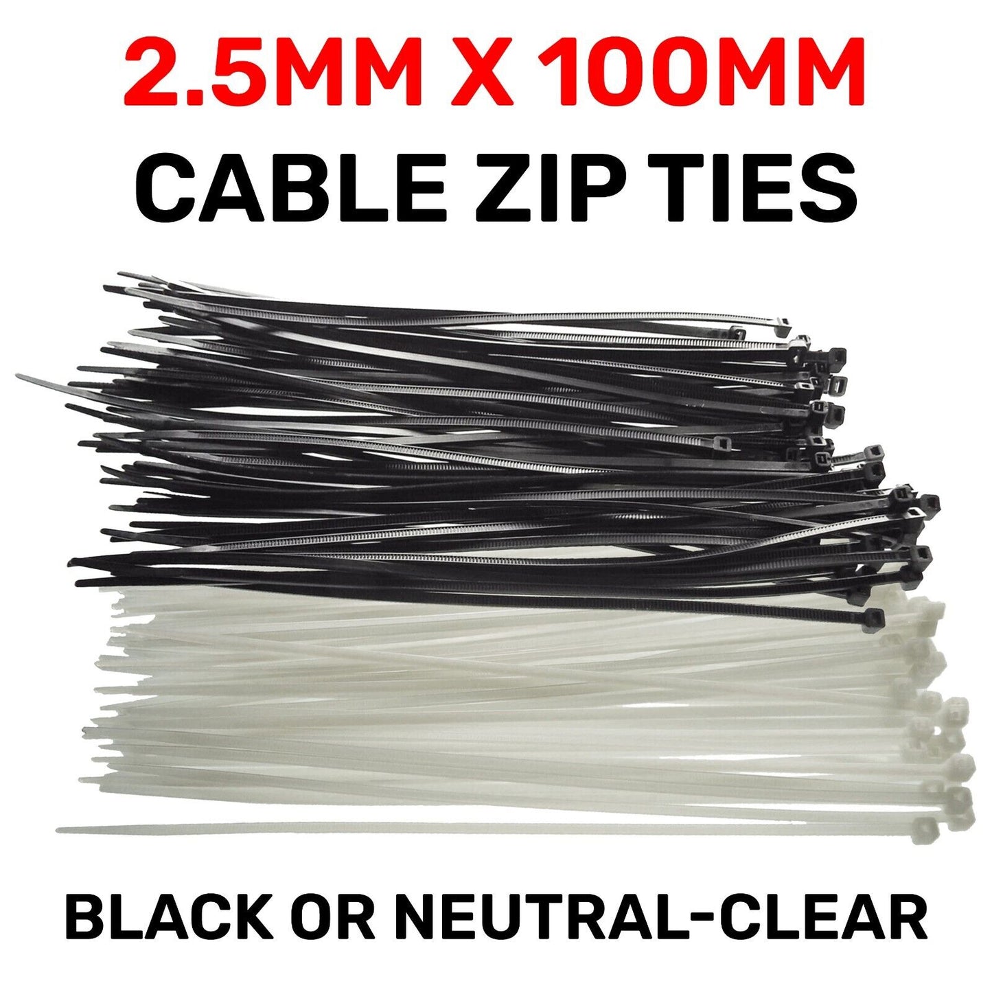 Black or White Cable Ties, 18kg Break Strength, 2.5mm x 100mm