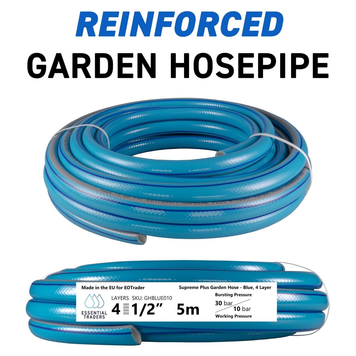 5m Blue Supreme+ 1/2″ Reinforced Garden Hose, 4-Layer