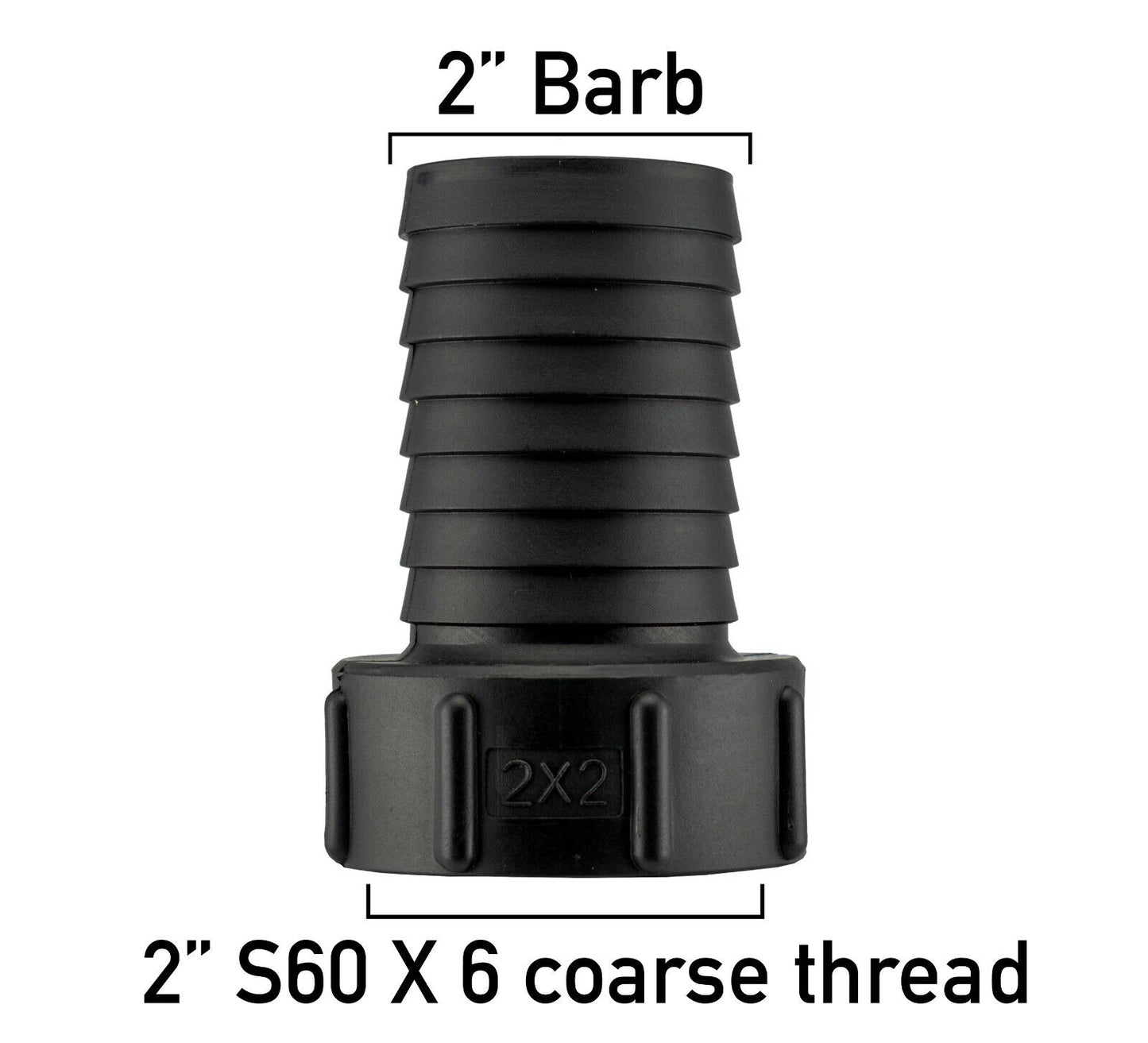 IBC S60X6 Tank Adapter, 60mm Coarse Thread to 2" (50mm) Barbed Hosetail