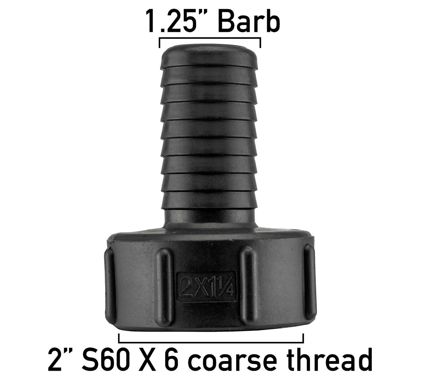 IBC S60X6 Tank Adapter, 60mm Coarse Thread to 1.25" (32mm) Barbed Hosetail