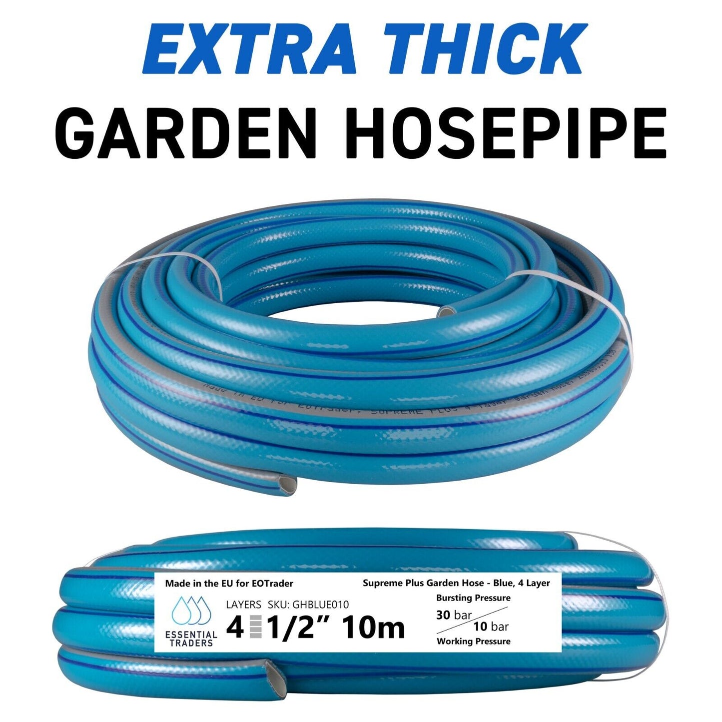 10m Blue Supreme+ 1/2″ Reinforced Garden Hose, 4-Layer