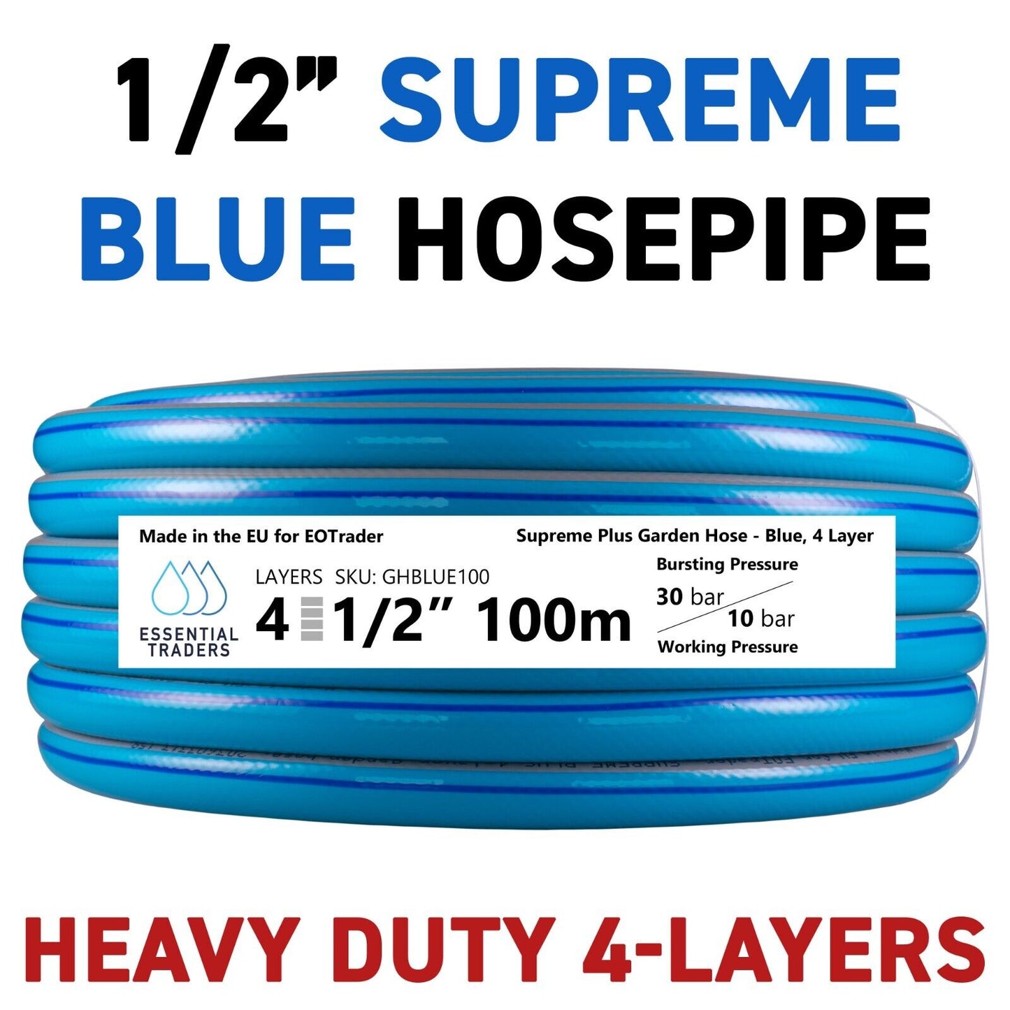 100m Supreme Plus 1/2" Blue Garden Hose Pipe with Connectors