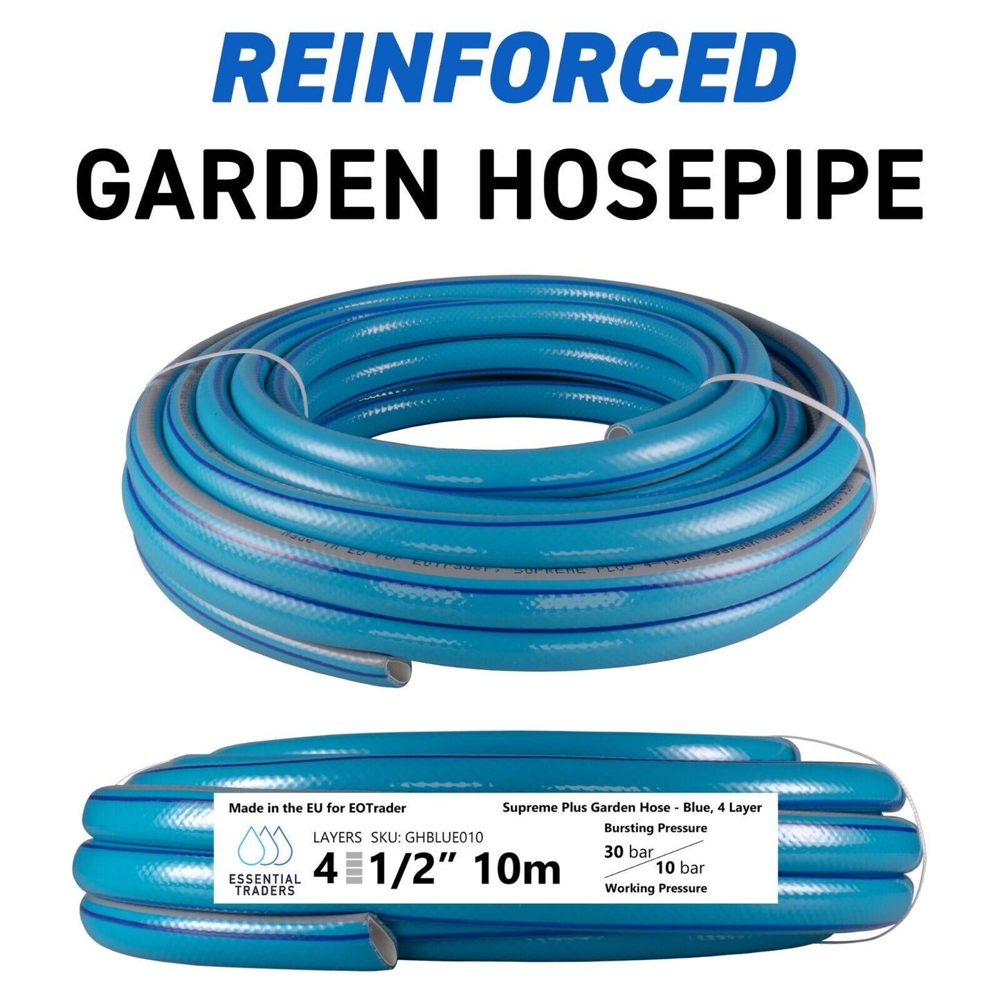 10m Blue Supreme+ 1/2″ Reinforced Garden Hose, 4-Layer
