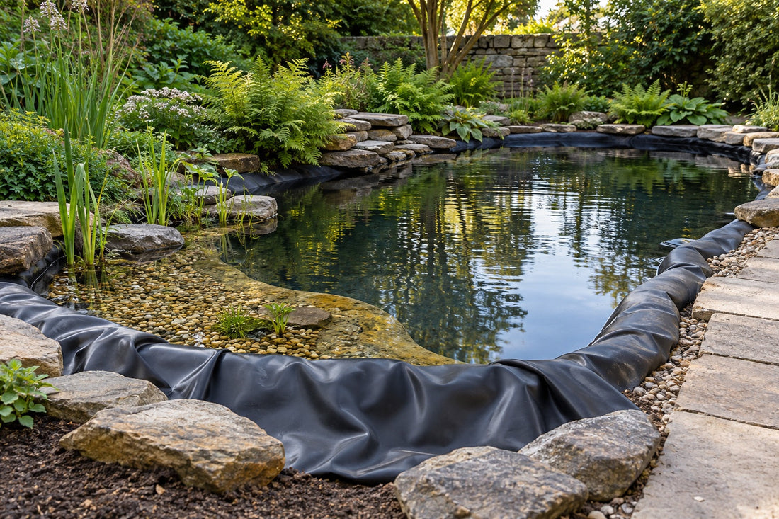 Illustrative garden pond with a black EPDM liner and stone edging