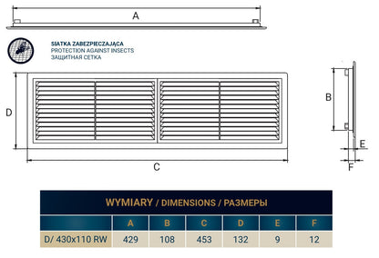 White Louvre Vent with Fly Screen, 110mm x 430mm