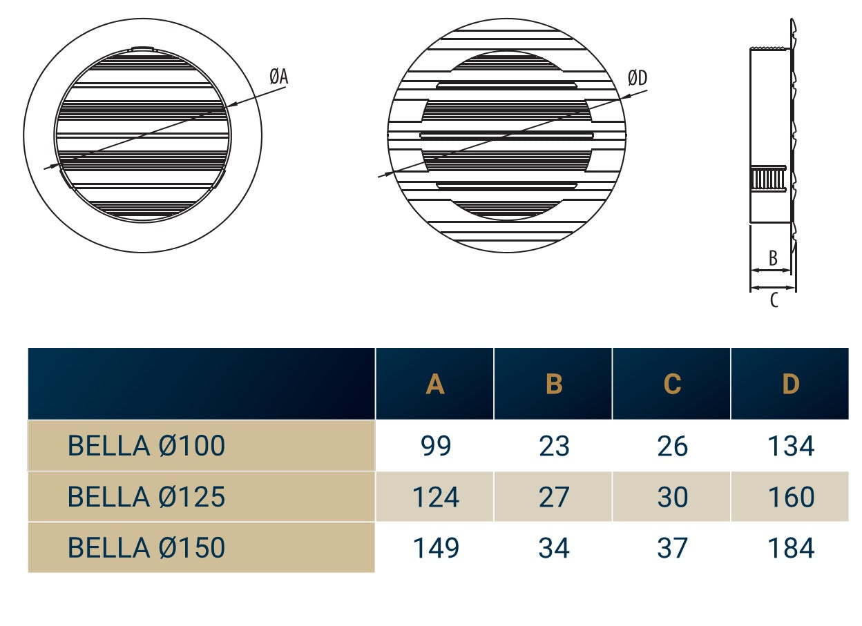 White Round Bella Louvre Vent, 100mm