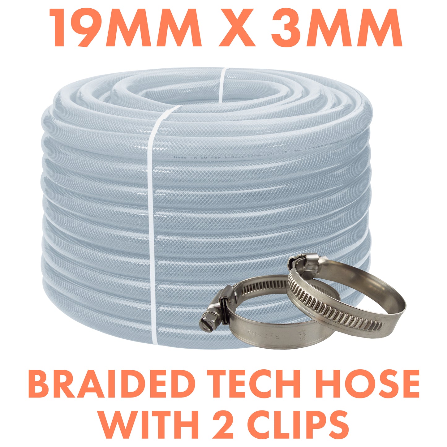 19mm Transparent Braided Reinforced Tech Hose + Jubilee Clips