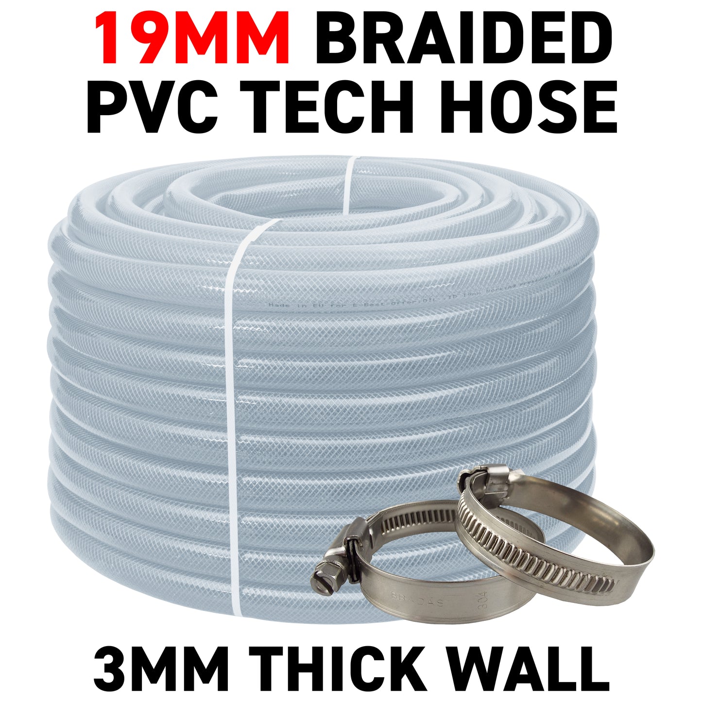 19mm Transparent Braided Reinforced Tech Hose + Jubilee Clips