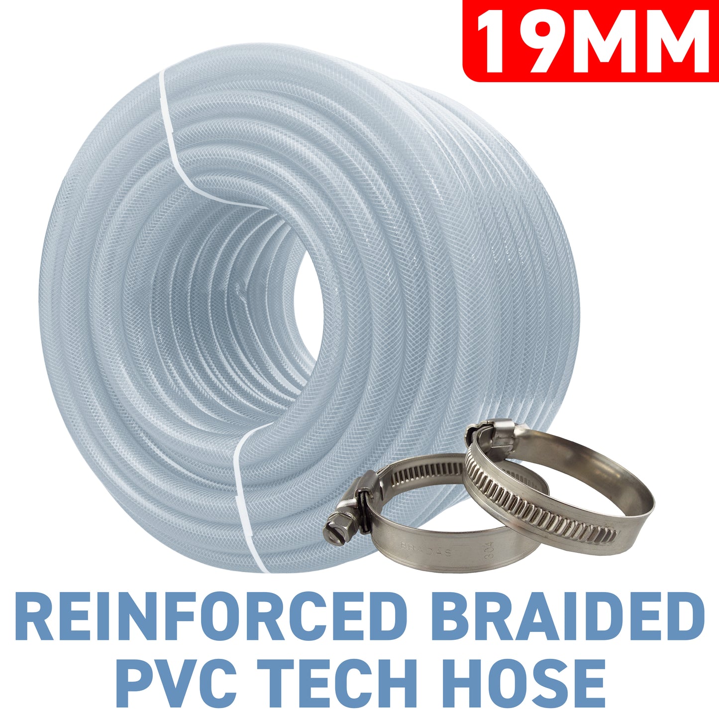 19mm Transparent Braided Reinforced Tech Hose + Jubilee Clips