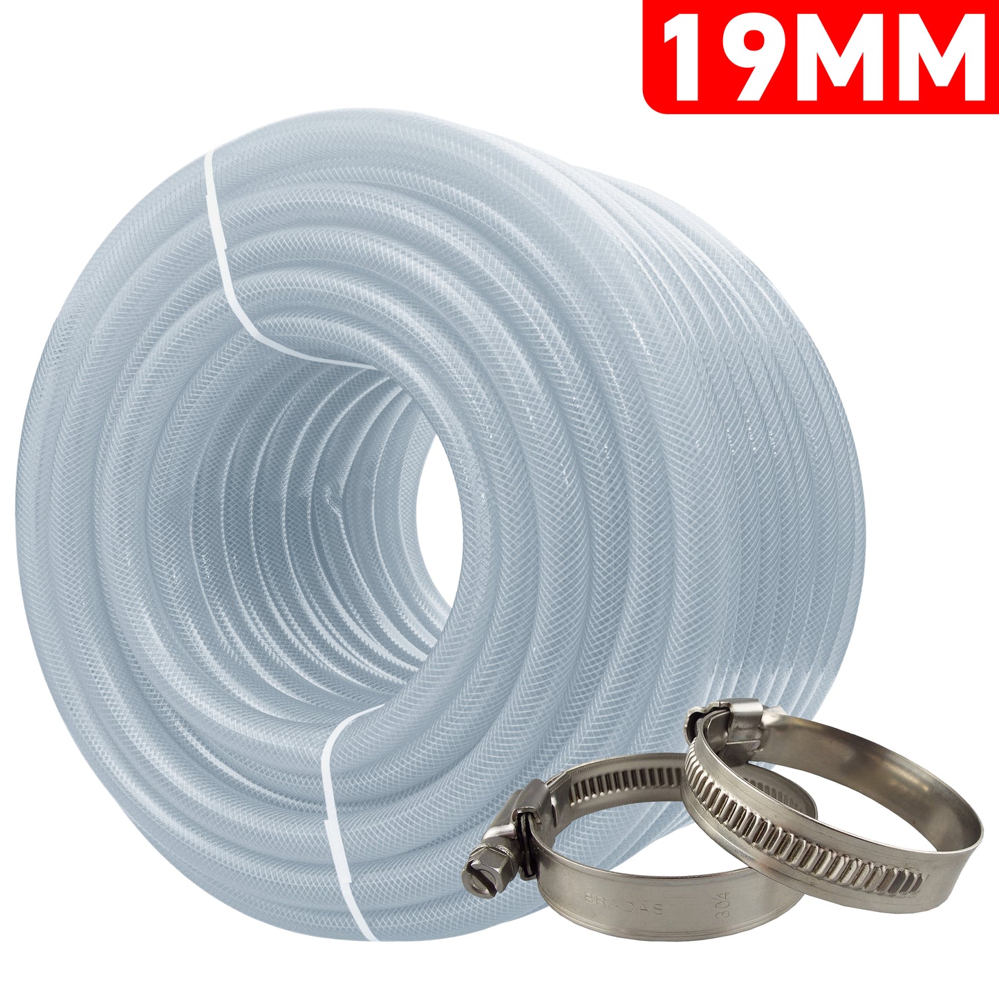 19mm Transparent Braided Reinforced Tech Hose + Jubilee Clips