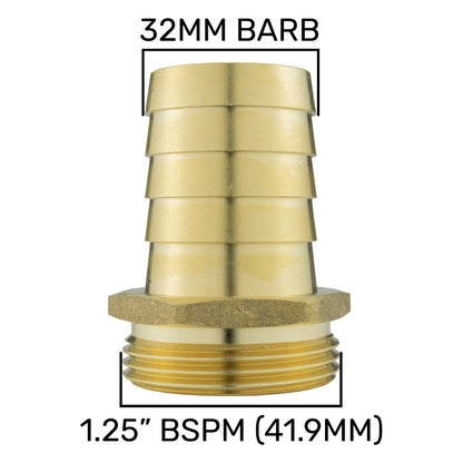 Brass 32mm Barbed Joiner with 1.25" BSP Male Thread