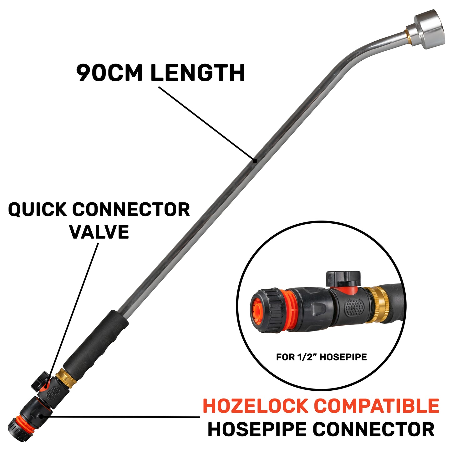 90cm Watering Lance with Rose, Plastic Valve & Hose Connector