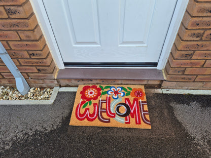 Coir Doormat, 60cm x 40cm - 'Welcome' (Flowers)