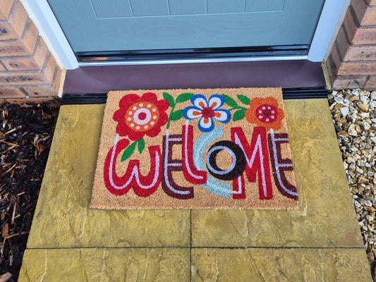 Coir Doormat, 60cm x 40cm - 'Welcome' (Flowers)