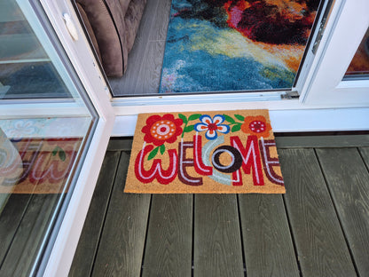 Coir Doormat, 60cm x 40cm - 'Welcome' (Flowers)