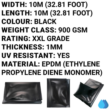 10m x 10m EPDM Rubber Pond Liner, 900 GSM