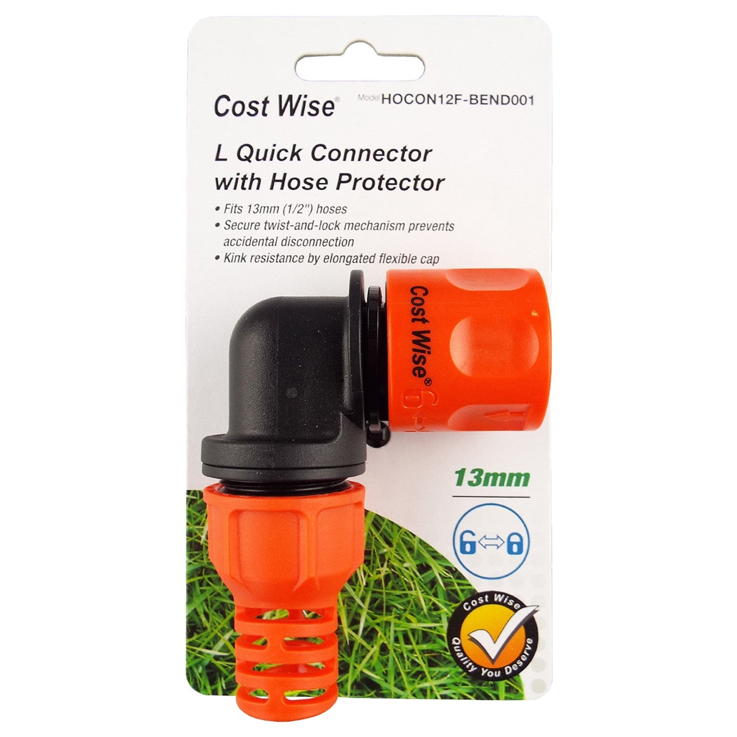 Angle Bend Hose Connector with Lock for Hose Carts, Black