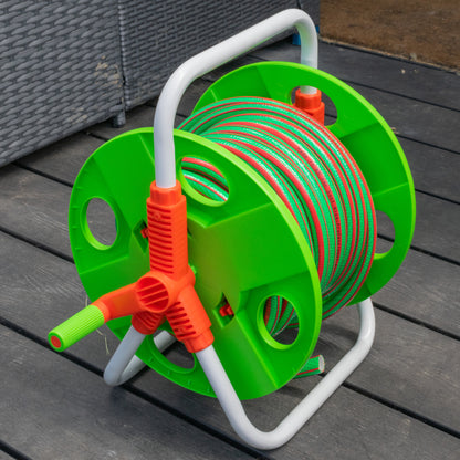 Hose Pipe Storage Reel Holder with 15m Premium 6-Layer Green Hose