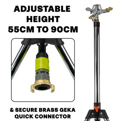 Metal Tripod with Rotating Sprinkler Head & Brass GEKA Connector, 450 m²