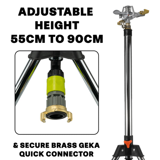 Metal Tripod with Rotating Sprinkler Head & Brass GEKA Connector, 450 m²